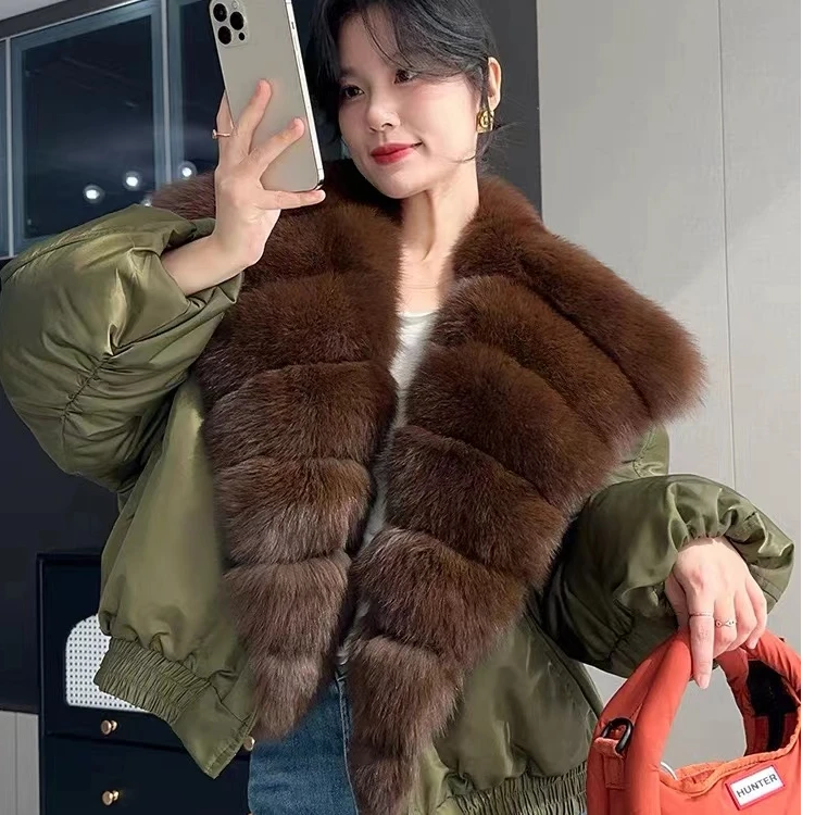 狐狸毛大毛领短款韩版女装收口袖宽松版鹅绒服