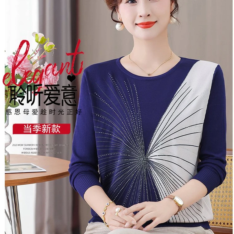 秋季新款妈妈装圆领套头针织衫毛衣时尚减龄秋装针织打底衫上衣H