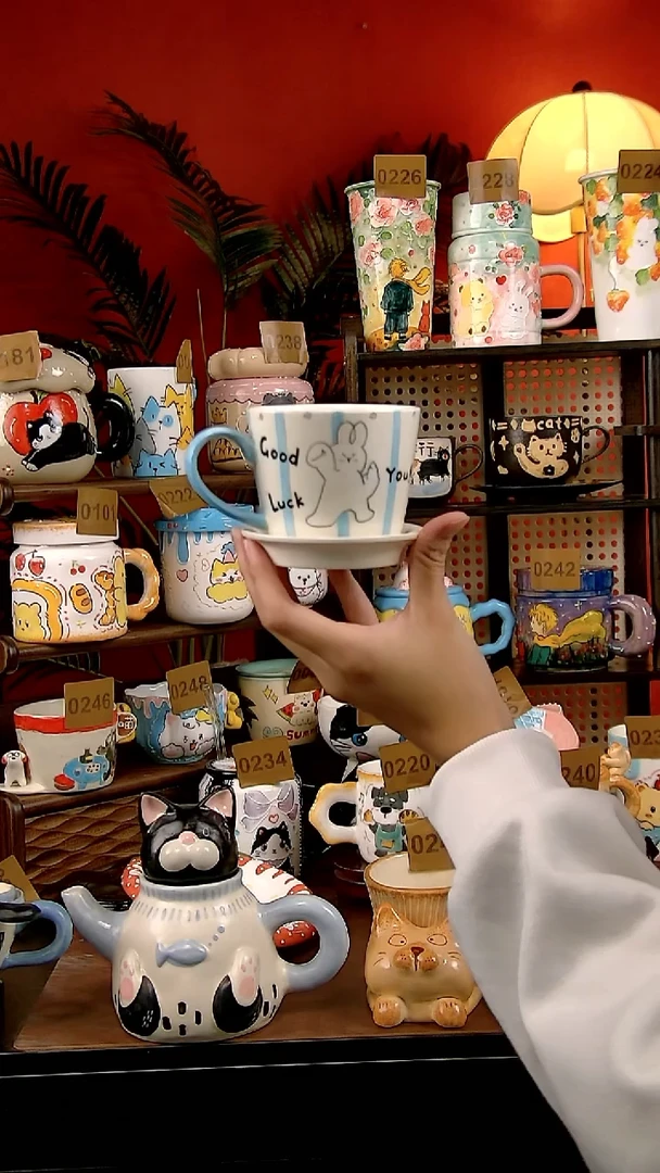 杯子瓷DIY景德镇陶瓷手工创意卡通风杯垫一体