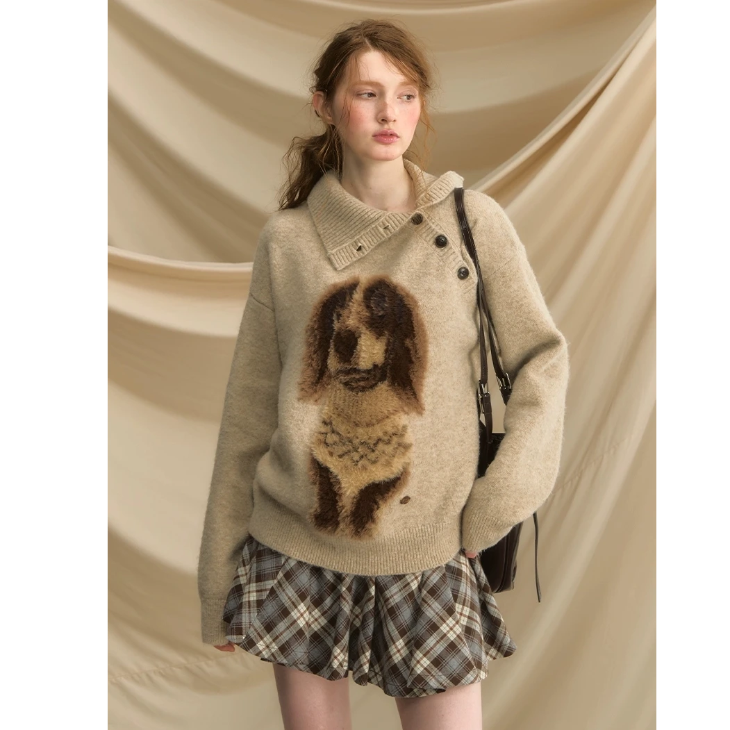 【复古小狗毛衣】秋冬宽松慵懒风高领毛衣女Z 9641#