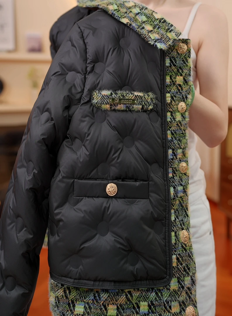 【KK】雅光黑金澳绒小香风拼接羽绒服短款羽绒服
