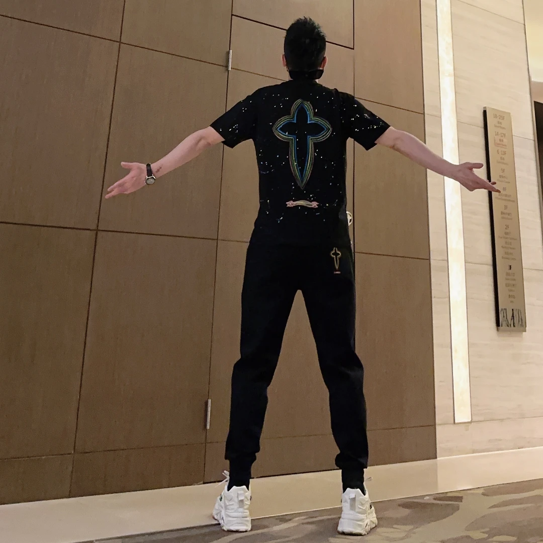 【航航出品】新款春夏百搭潮流休闲网红微修身时尚彩绘简约男士半袖