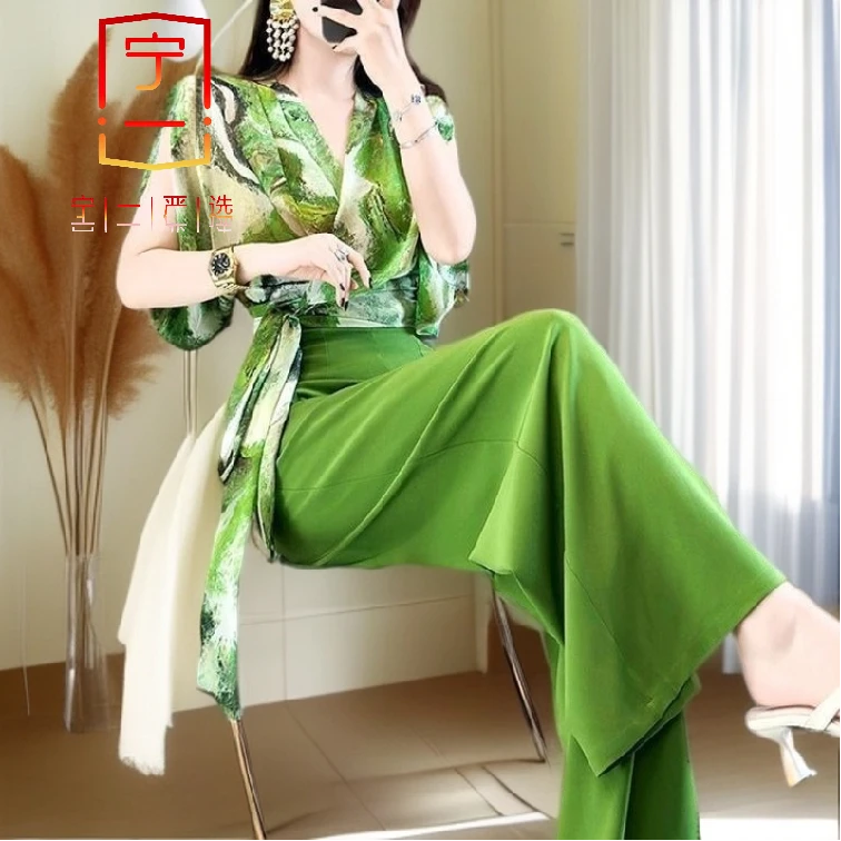 【宁一女装】时尚洋气显瘦夏装套装绝美小香风气质洋气绿色印花上衣