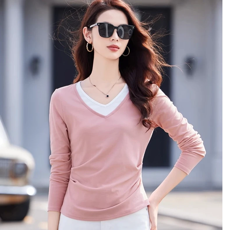 V领假两件小众设计内搭T恤女2025春装韩系修身褶皱长袖打底衫上衣
