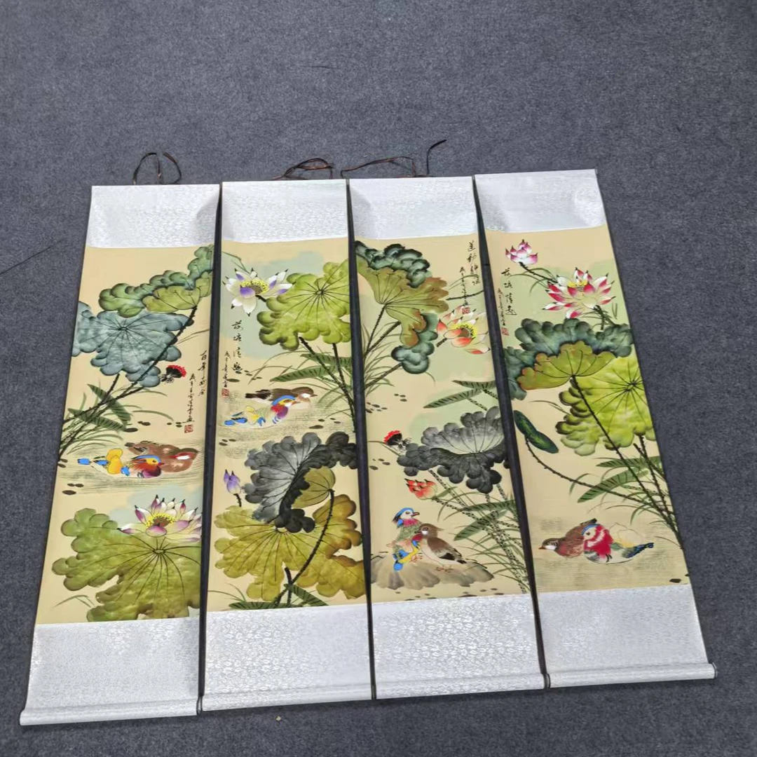 069卷轴120*32荷花鸳鸯四条屏