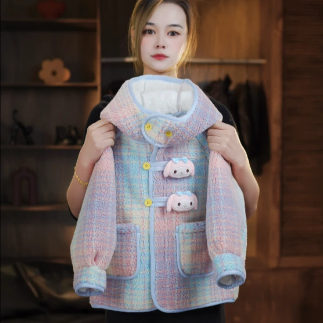 2024冬季新款女童彩色猫猫中大童洋气时尚连帽加绒加厚呢子外套