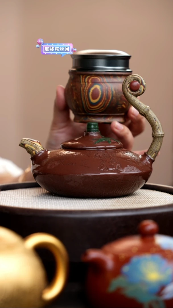 茶壶紫砂紫泥绞泥三色竹节合欢+茶叶罐011