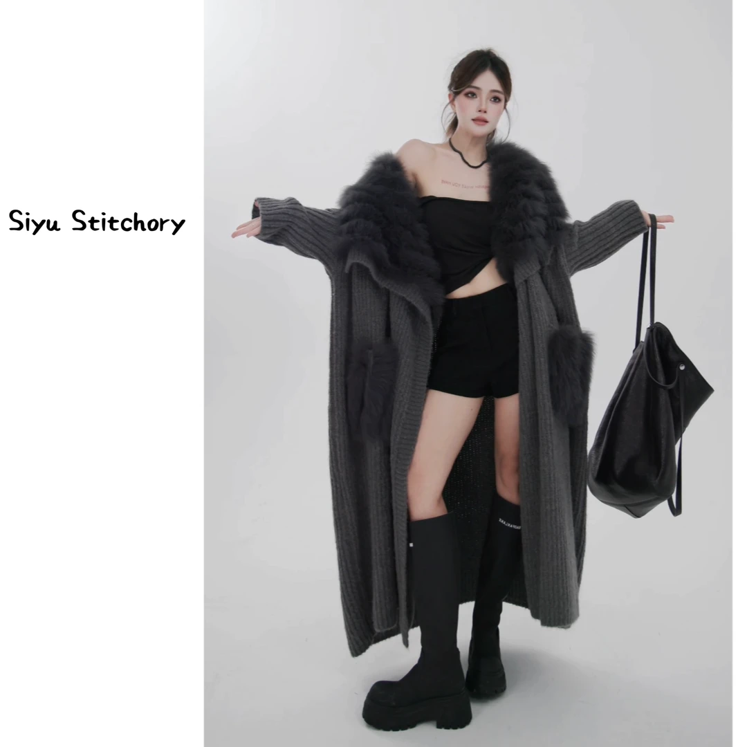 【思语】“灯塔” CC25703 极简大牌狐狸毛针织长款外套