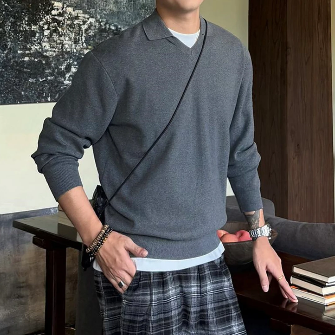 轻奢老钱风海鸥领纯色套头高品质有型POLO针织衫男装秋冬新款