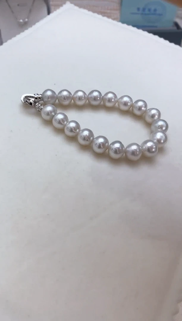 银S925镶嵌海水珍珠手链澳白螺纹
