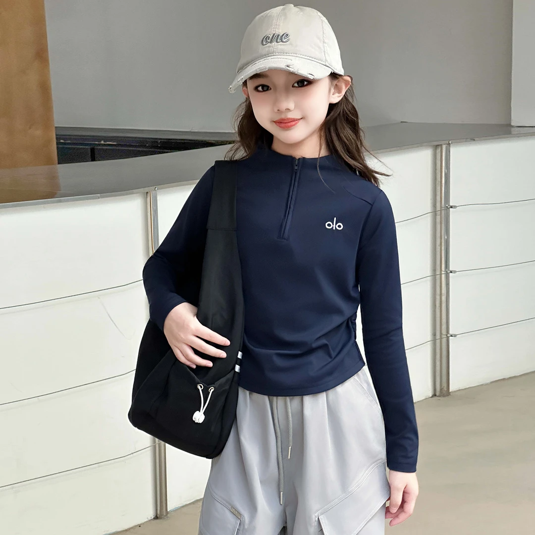 女童长袖T恤春秋装女大童韩版时尚半拉链上衣儿童休闲瑜伽打底衫