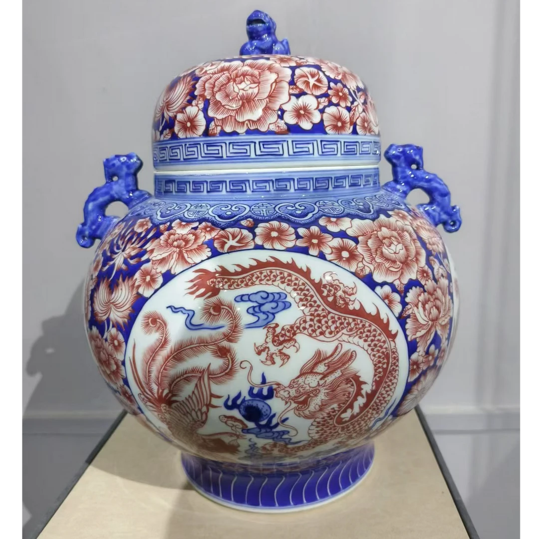 景德镇陶瓷/青花矾红/龙凤纹开窗盖罐