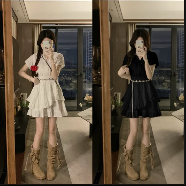 短裙夏季运动风短袖大码连衣裙成人常规褶皱高腰POLO领