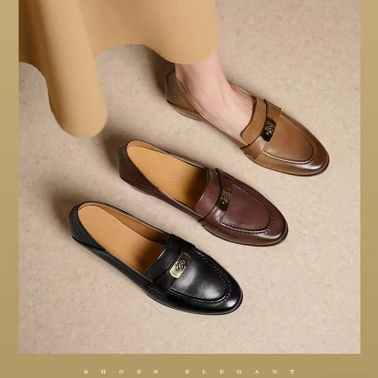 真皮法式复古圆头3ｃｍ粗跟低跟乐福单鞋深口通勤百搭休闲皮鞋软底