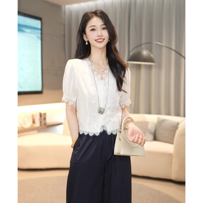 【雅人清致】马克华菲女装夏季欧若气质设计感短袖上衣F52003A525CC