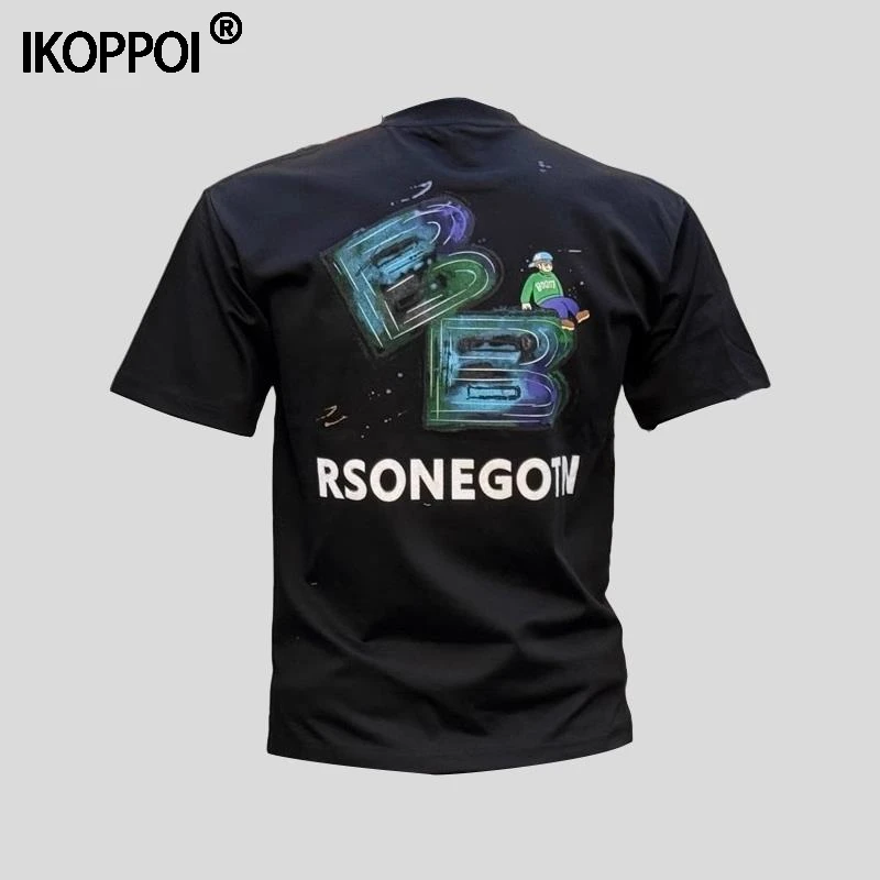 轻奢圆领短袖T恤男士夏季新款卡通休闲印花半袖韩版修身弹力体恤