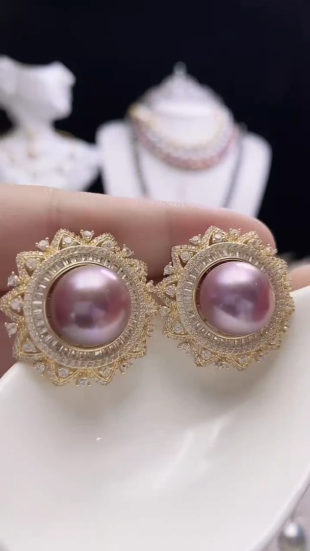 银S925镶嵌淡水珍珠耳钉淡水紫珠耳钉