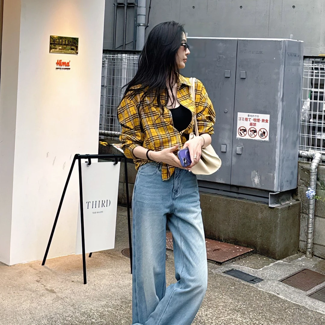 菠萝宝宝yuna【夏日谣曲】经典格纹翻领遮肉显瘦慵懒随性女衬衫YG19