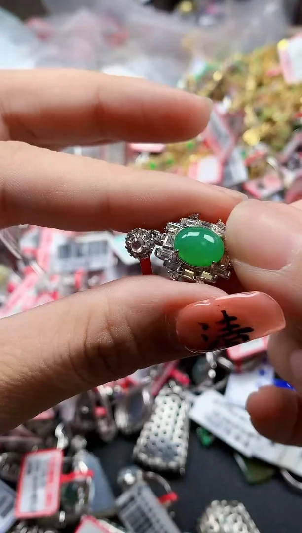 银S925镶嵌戒指翡翠天然A货缅甸翡翠