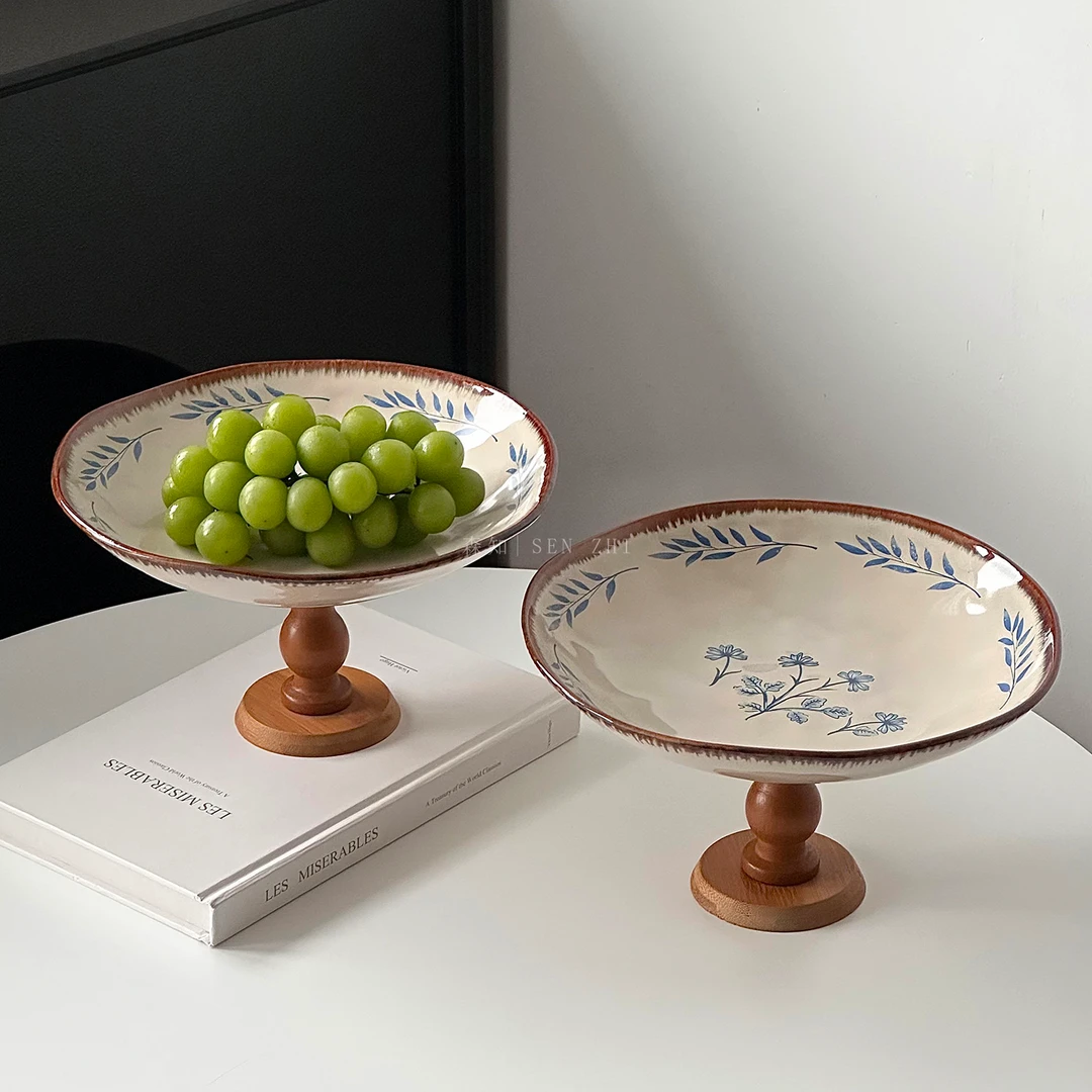 中古风氛围感木质高脚水果盘家用客厅陶瓷托盘干果盘零食盘蛋糕盘