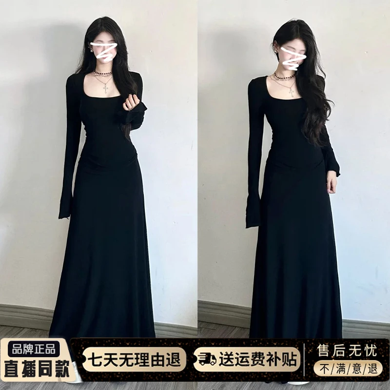 法式赫本风黑色长袖连衣裙子女2025早秋新款气质修身打底内搭长裙