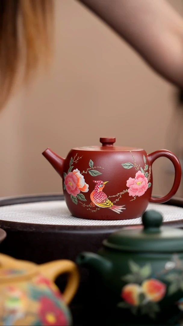 茶壶紫砂朱泥汉瓦泥绘花鸟