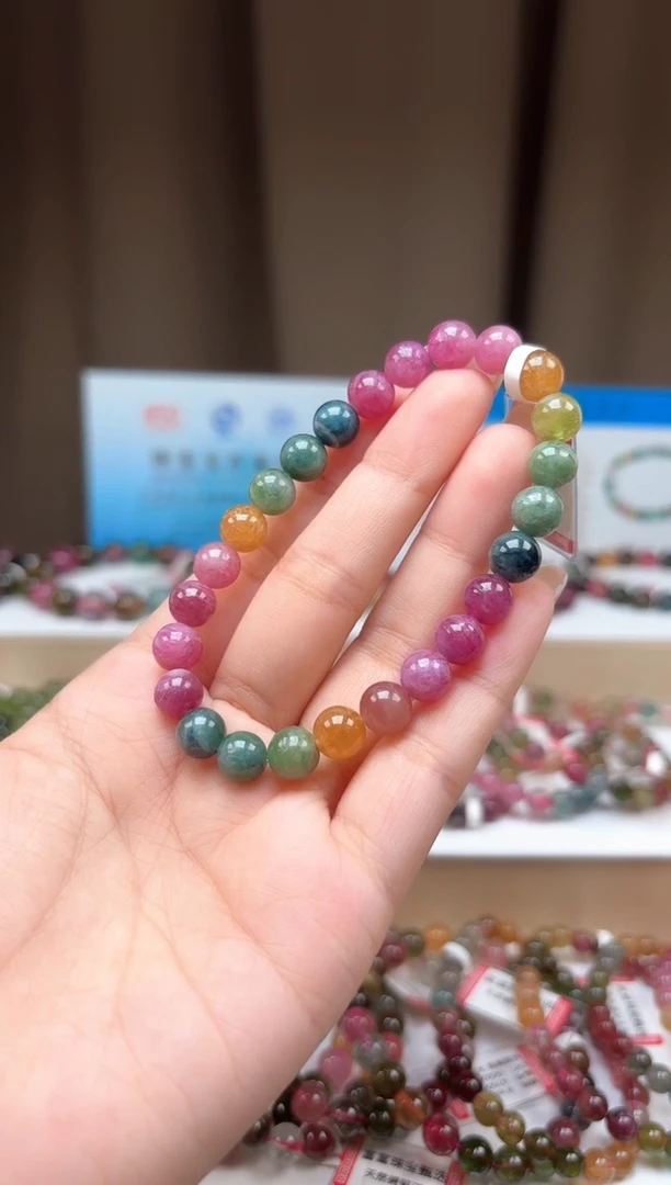 未镶嵌手串碧玺7.8mm艳丽彩虹色高阶油画体碧玺单圈手串