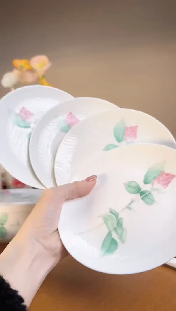 【闪购商品】玫瑰高骨瓷6寸浅盘4个