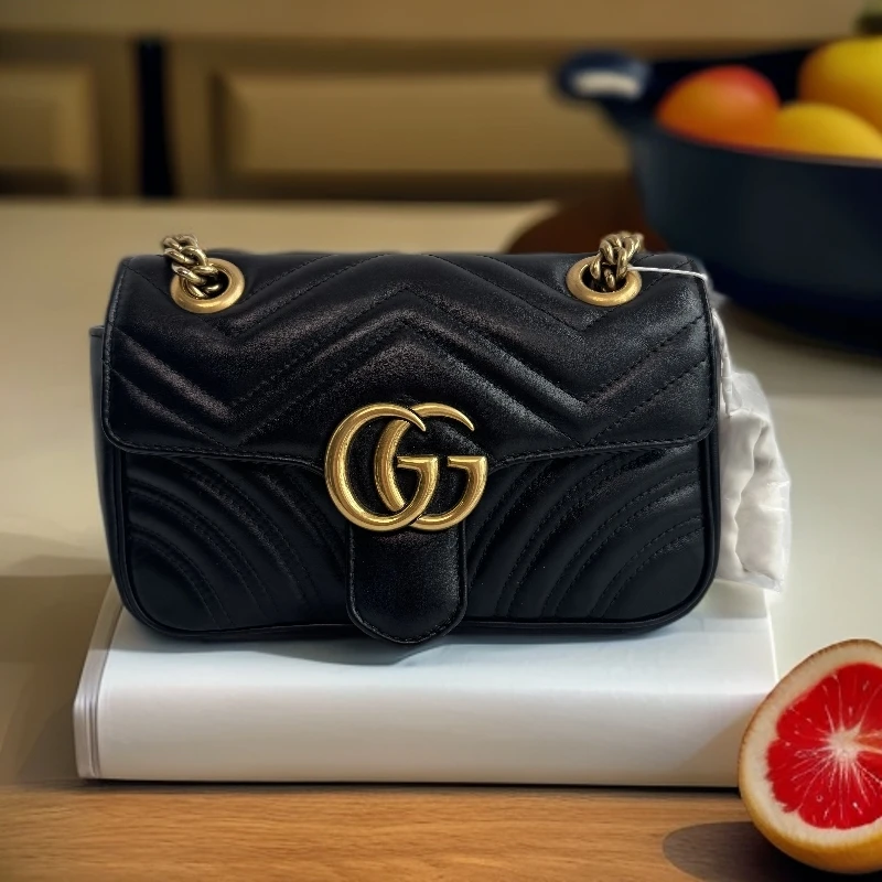 99新 GUCCI/古驰 经典黑色金扣GG马蒙22单肩包