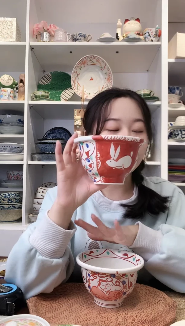 陶瓷濑户烧赤绘兔饭碗13cm