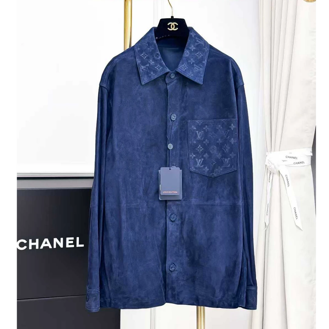 99新 LouisVuitton/路易威登 46码深蓝色老花浮雕麂皮长袖衬衫