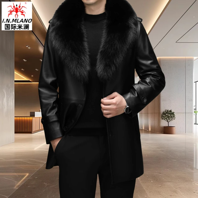 头层牛皮真皮皮衣男大狐狸毛领加绒加厚中长款风衣男士中年外套男