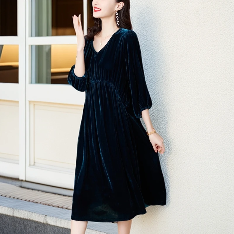2025收腰显瘦 时尚气质连衣裙V领中年妈妈长裙遮肚洋气气质宽松
