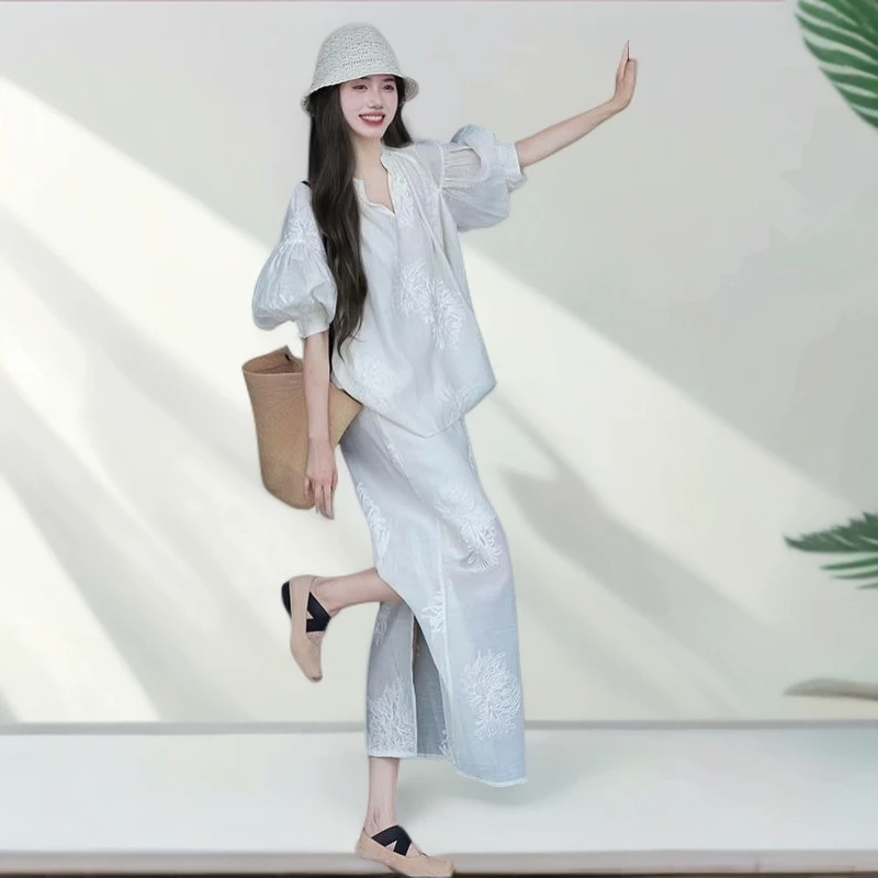 醉华夏季高端松弛感慵懒休闲衬衫套装女宽松漂亮上衣半身裙两件套