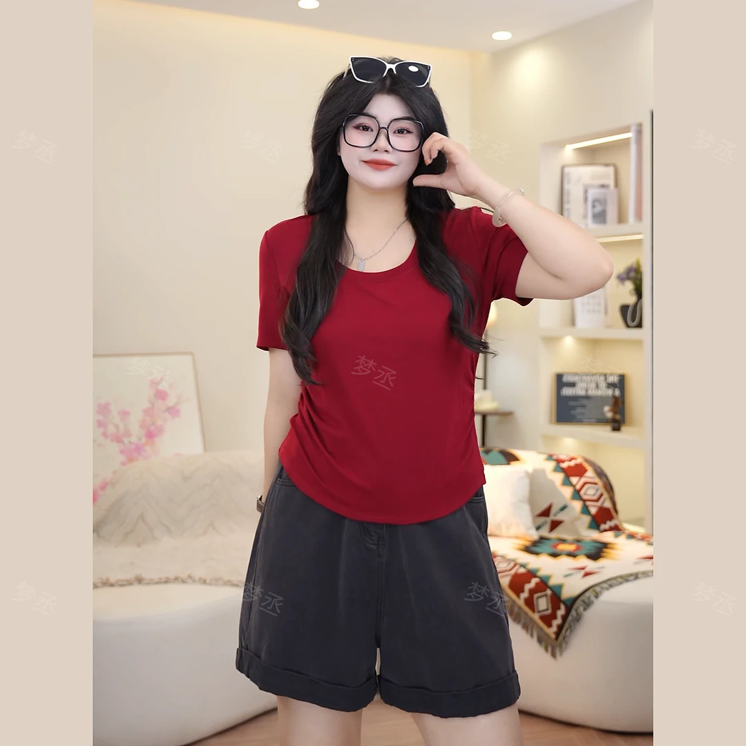 夏季纯色系大码女装胖mm圆领简约百搭显瘦休闲时尚短袖T恤上衣女