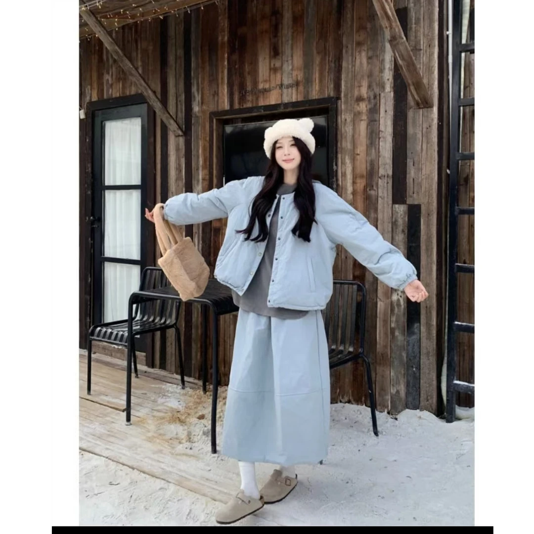 冬日暖洋洋圆领韩系宽松棉服+半身裙套装韩版秋冬骑行