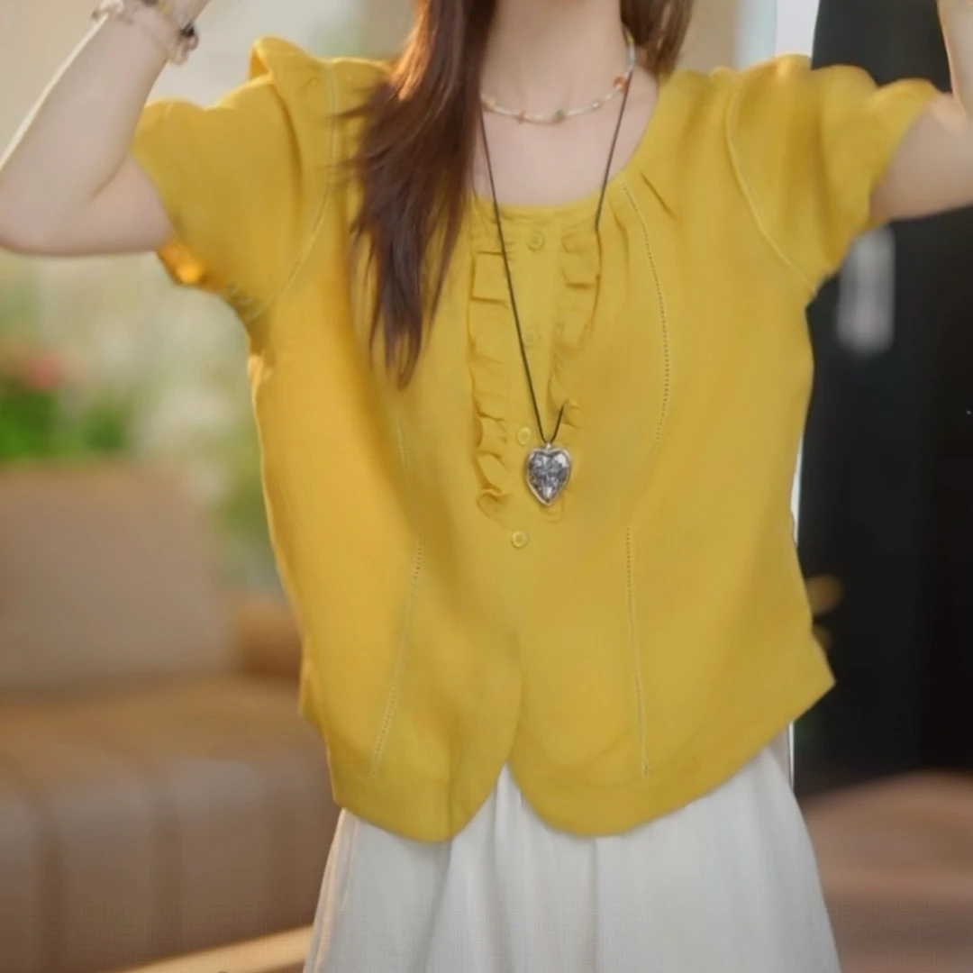 浪漫法式圆领木耳边丝绣精致上衣女2025早春新款气质显瘦小众衬衣