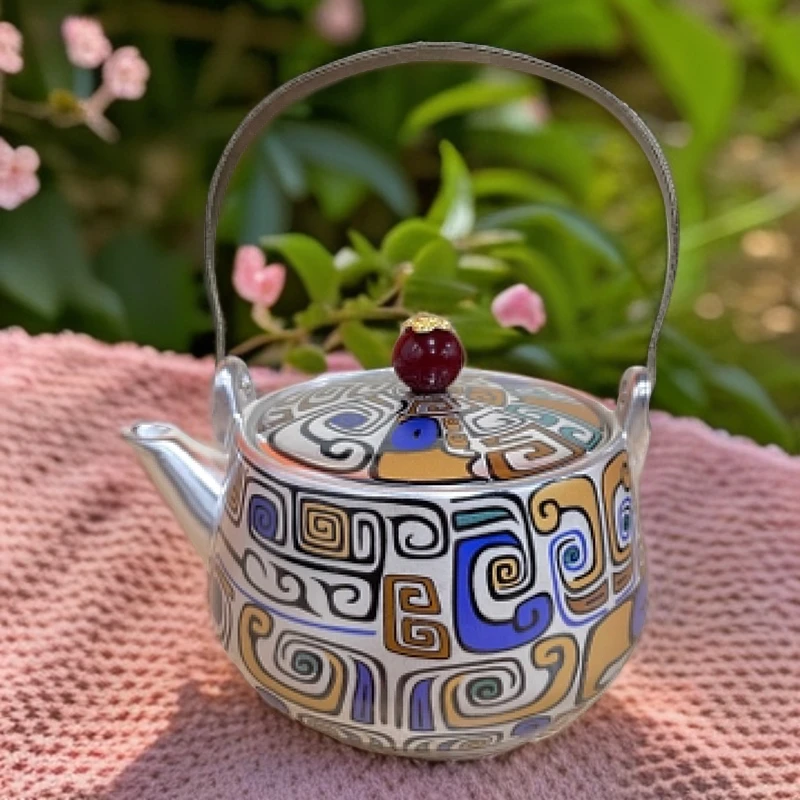 德艺泡茶壶鎏银珐琅彩饕餮纹提梁壶约360ml复古家用大容量