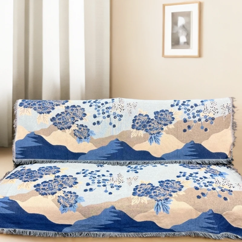 （蓝色山水）多功能流苏沙发巾90*180±5cm 四季款床盖