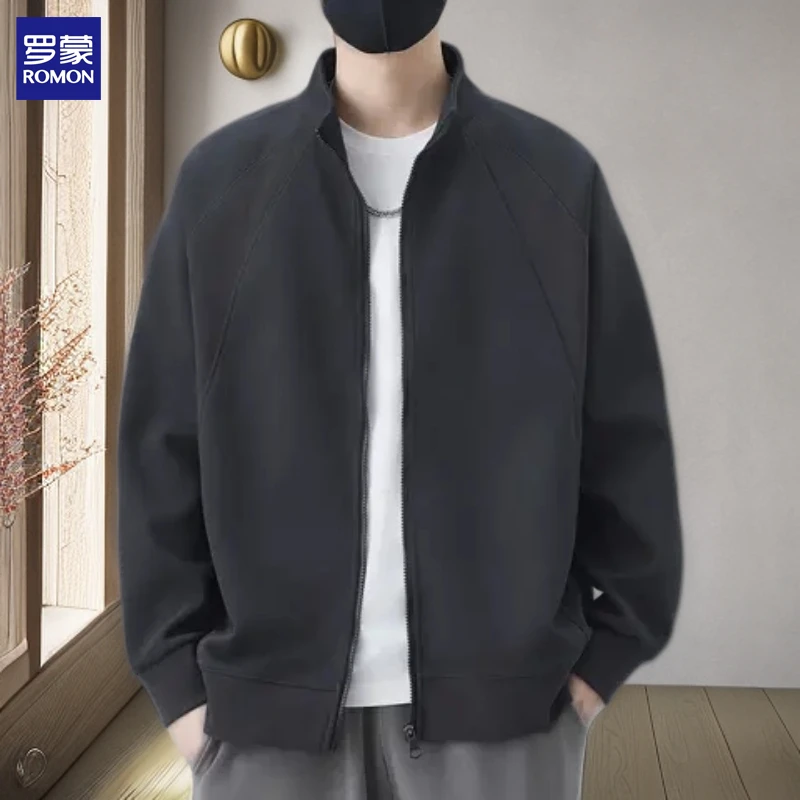 罗蒙开衫卫衣男士秋季立领夹克新款宽松休闲运动上衣拼接外套男装