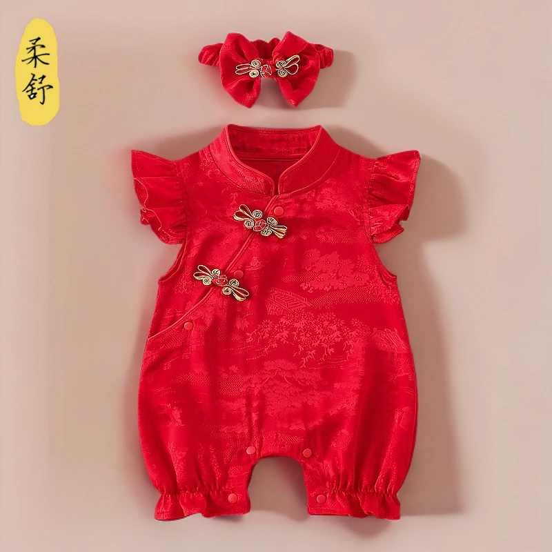 爬爬服夏季新款哈衣女宝宝中国风连体衣小飞袖外出服周岁拍照礼服