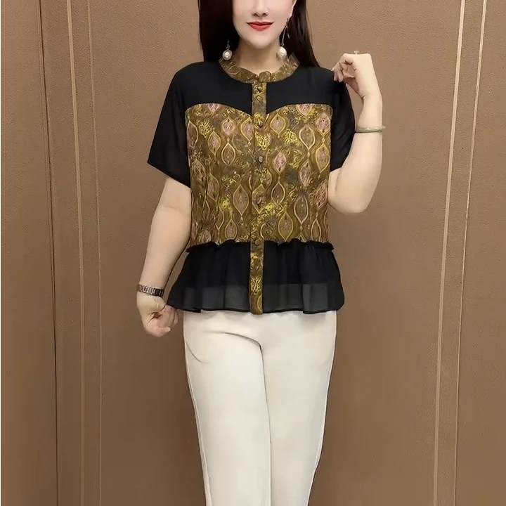 高档新款中年女士碎花短袖气质妈妈装大码宽松遮肉拼接款雪纺上衣