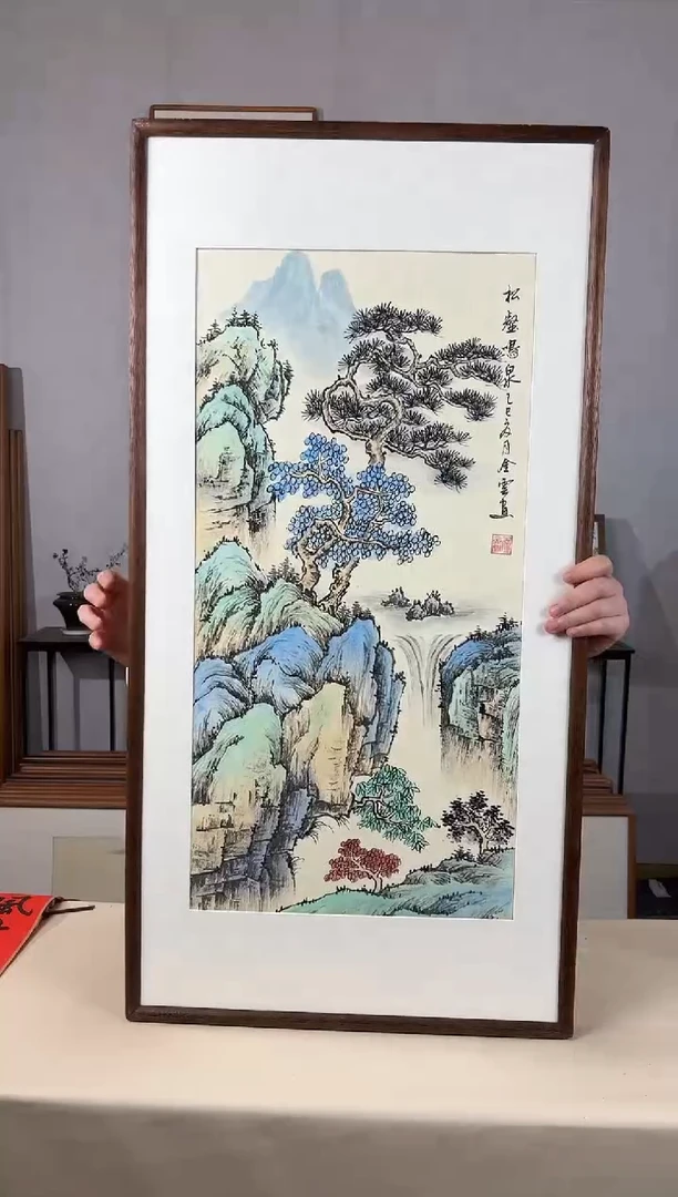 国画手绘*松鹤鸣泉*47*92cm带框发货