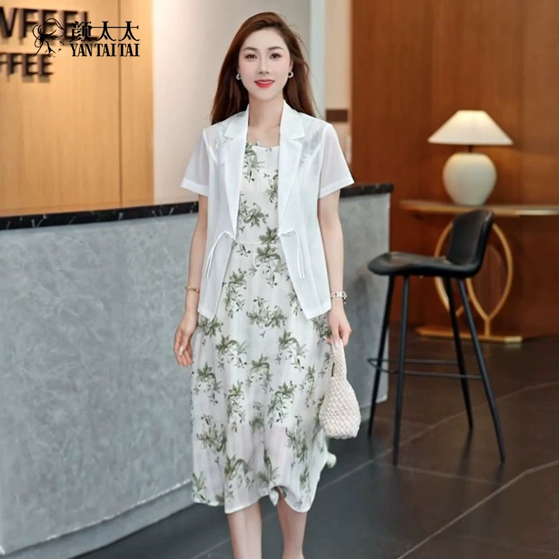 中年女装妈妈夏装套装连衣裙新中式雪纺裙中老年人夏季短袖长裙子