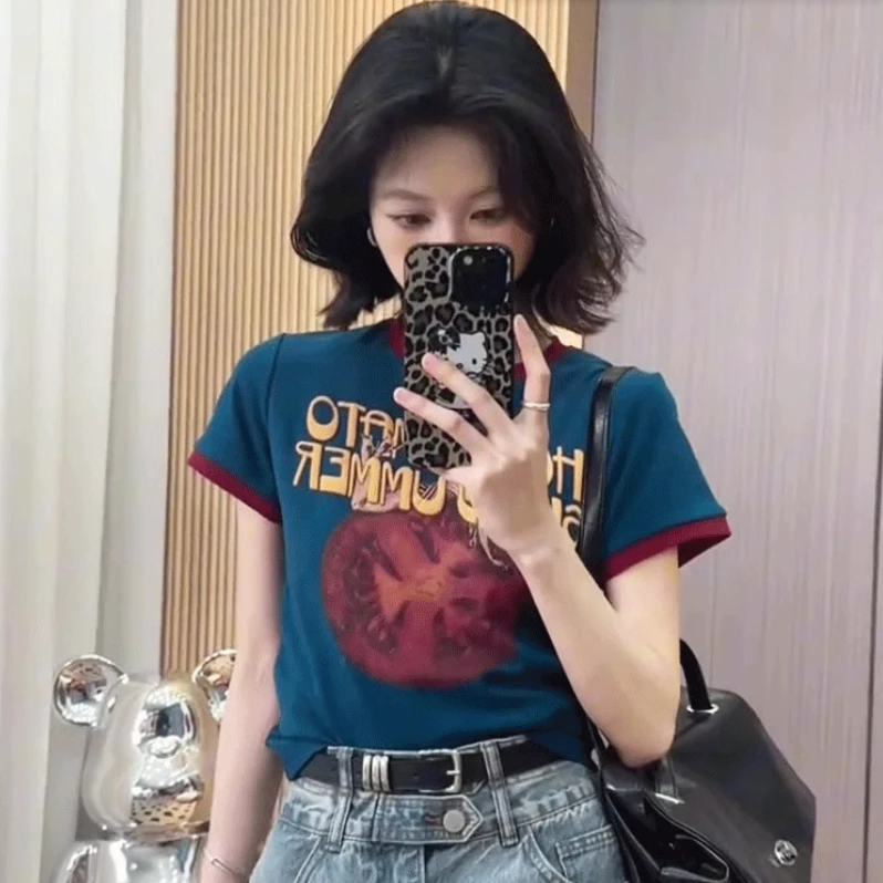 美式正肩短袖t恤女2025新款爆款夏季设计感小众独特撞色修身上衣