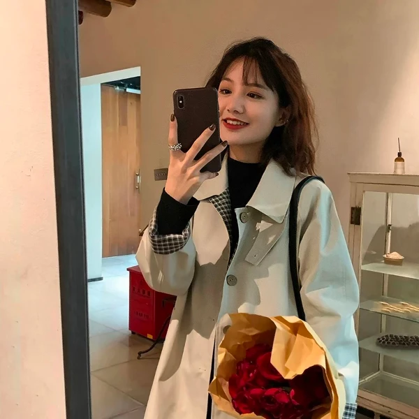 【秋日情书】~风衣外套女中长款小个子韩系格纹chic早秋大衣FY01