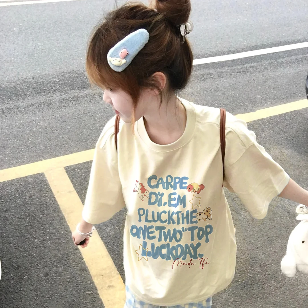 新款印花纯棉短袖T恤洋气衣服女减龄气质宽松圆领半袖上衣