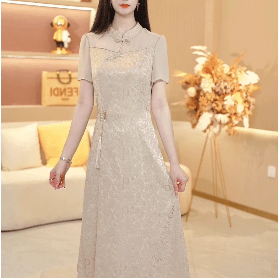 高端短袖连衣裙年轻立领夏季显瘦妈妈减龄长款裙子气质新中式旗袍