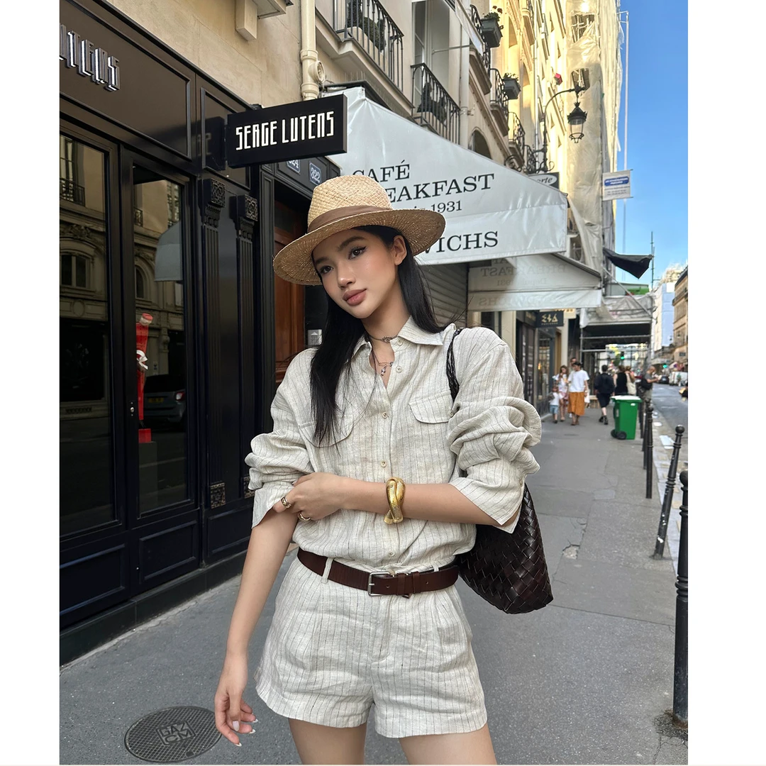 rovente 漫游摩洛哥 老钱风亚麻两件套女夏宽松条纹衬衫短裤套装