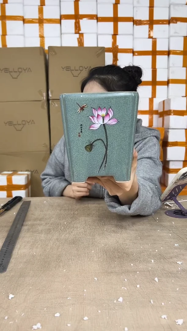 四方深绿荷花中号14x16